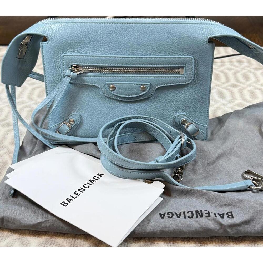 BALENCIAGA Blue Grey Pebbled Leather Neo Classic City Crossbody Clutch Bag - Picture 2 of 13